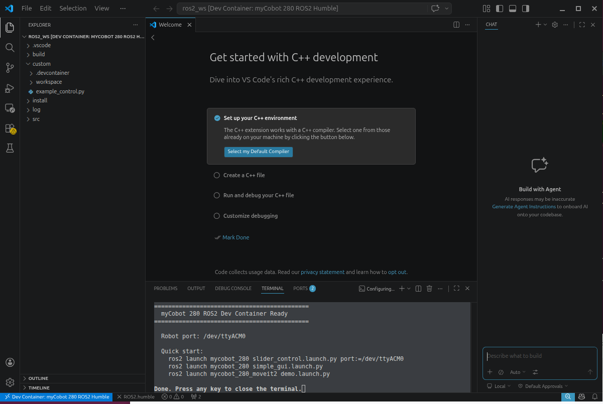 myCobot 280 완전 정복 #2 — Docker로 ROS2 환경 구축하기 (Windows/macOS/Linux 전부 OK) 1 myCobot 280 VS Code Dev Container ROS2 빌드 화면