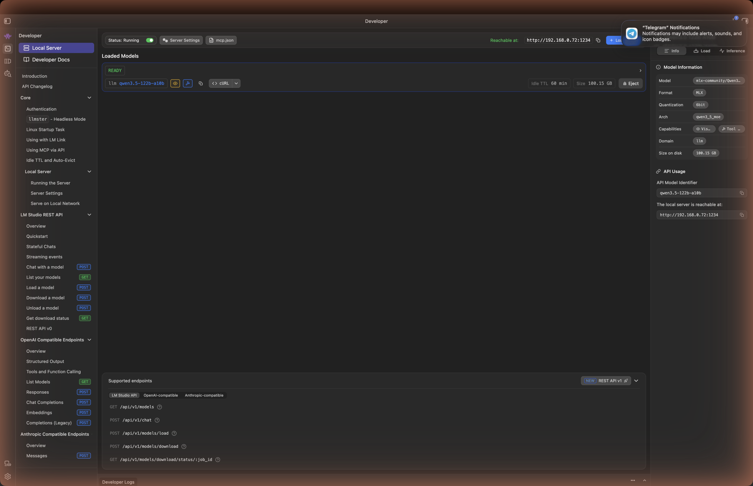 OpenClaw + 로컬 LLM으로 텔레그램 주식 뉴스 자동 알림 봇 만들기 (월 비용 $0) 2 LMStudio 앱에서 Qwen 3.5 122B 모델을 로컬 서버로 실행하고 있는 Developer 화면