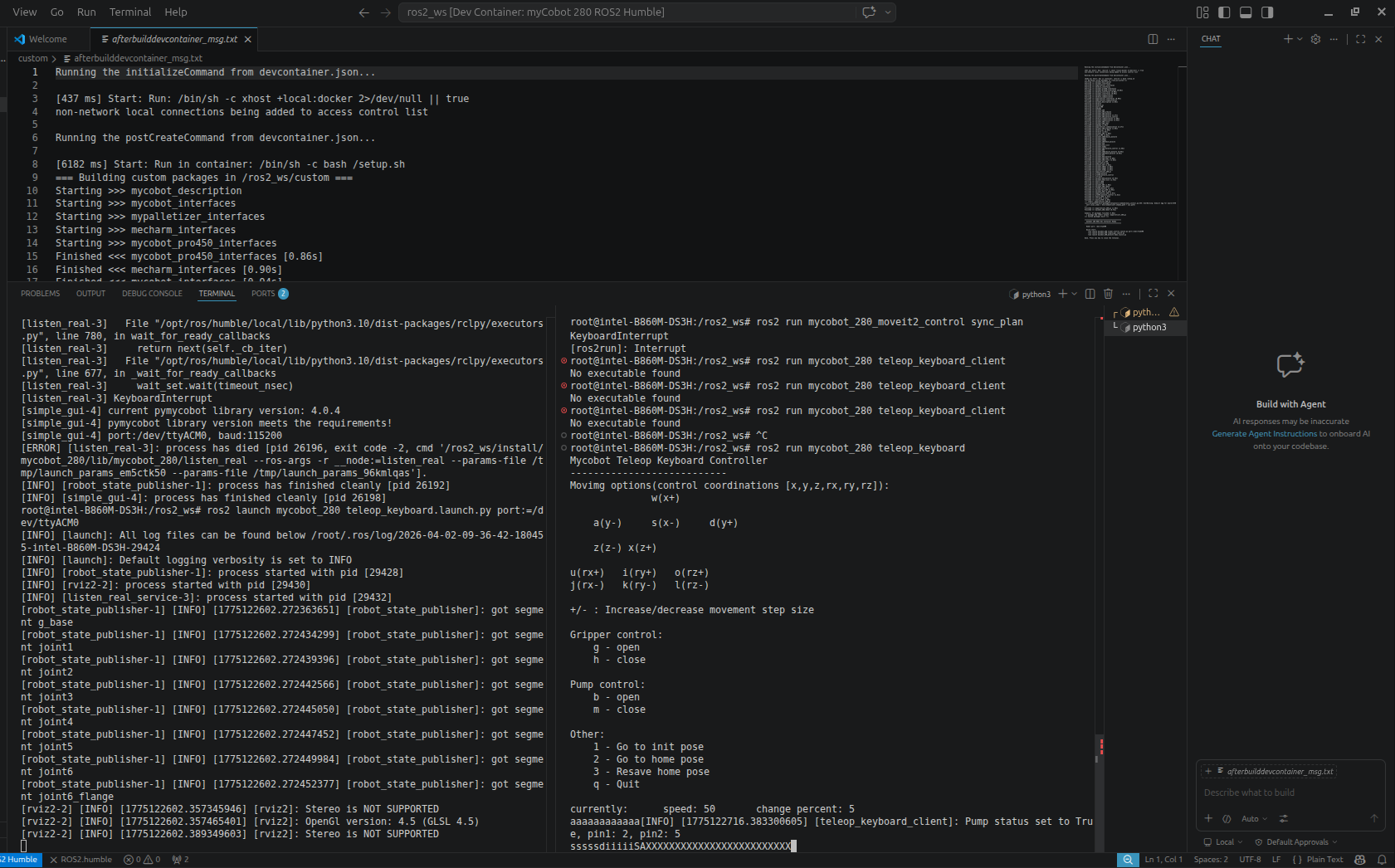 myCobot 280 완전 정복 #2 — Docker로 ROS2 환경 구축하기 (Windows/macOS/Linux 전부 OK) 5 myCobot 280 teleop keyboard 키보드 제어 터미널 실행 화면