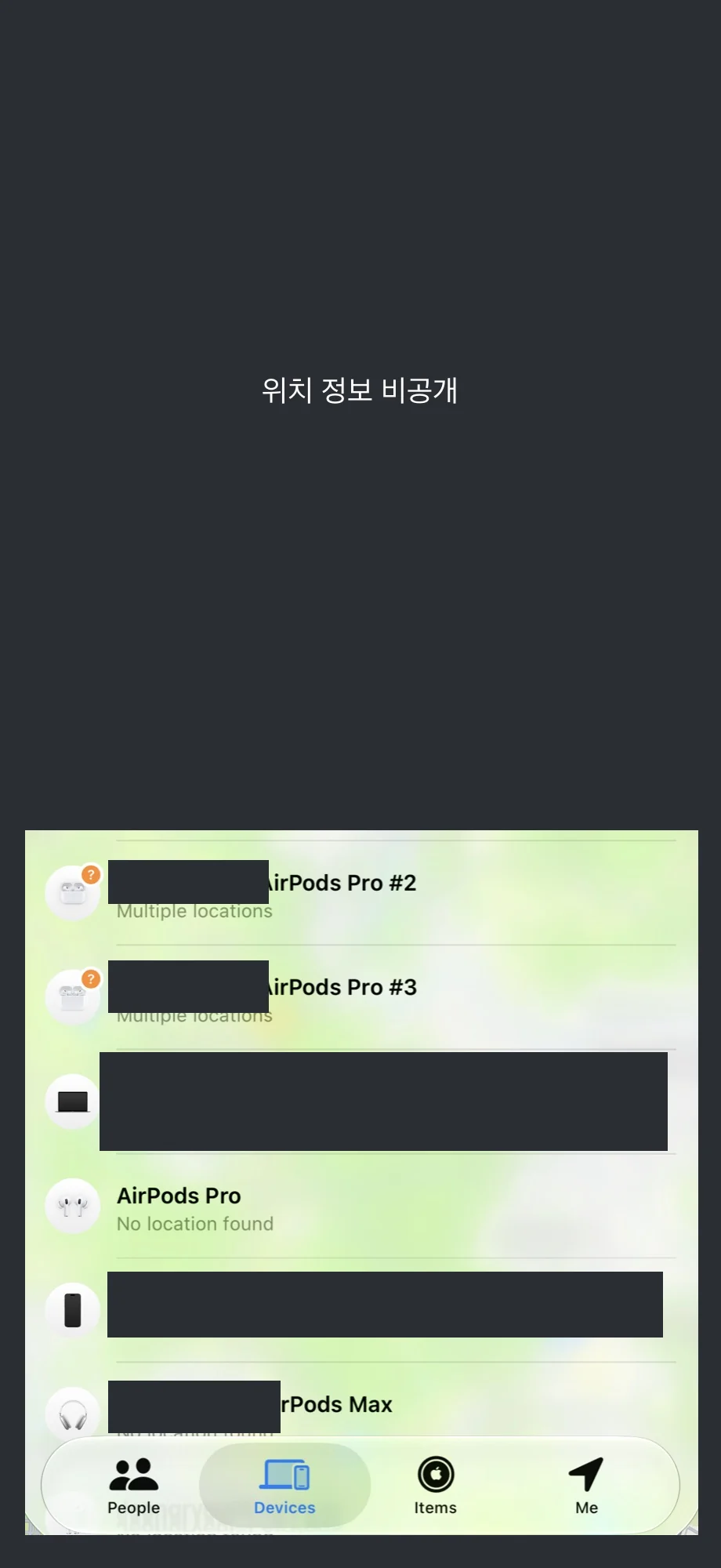위치정보를 가린 나의 찾기 화면의 이전 AirPods Pro 목록
