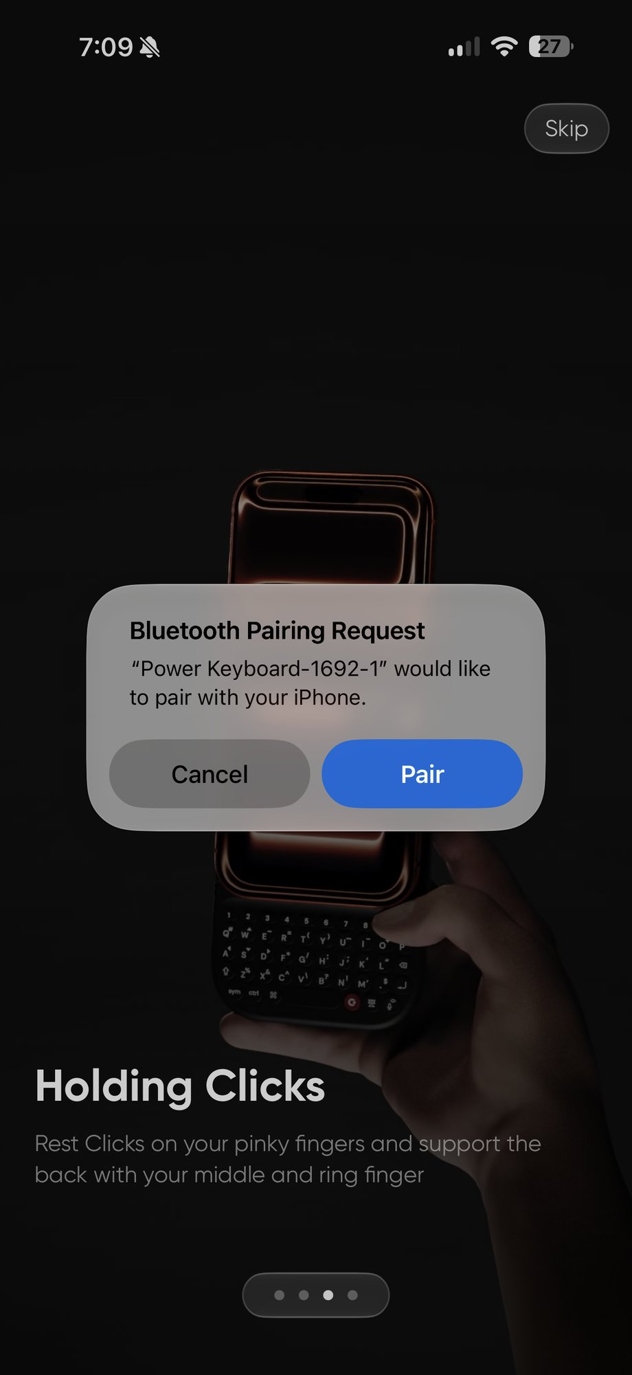 클릭스 앱 블루투스 페어링 요청 화면 (Power Keyboard)