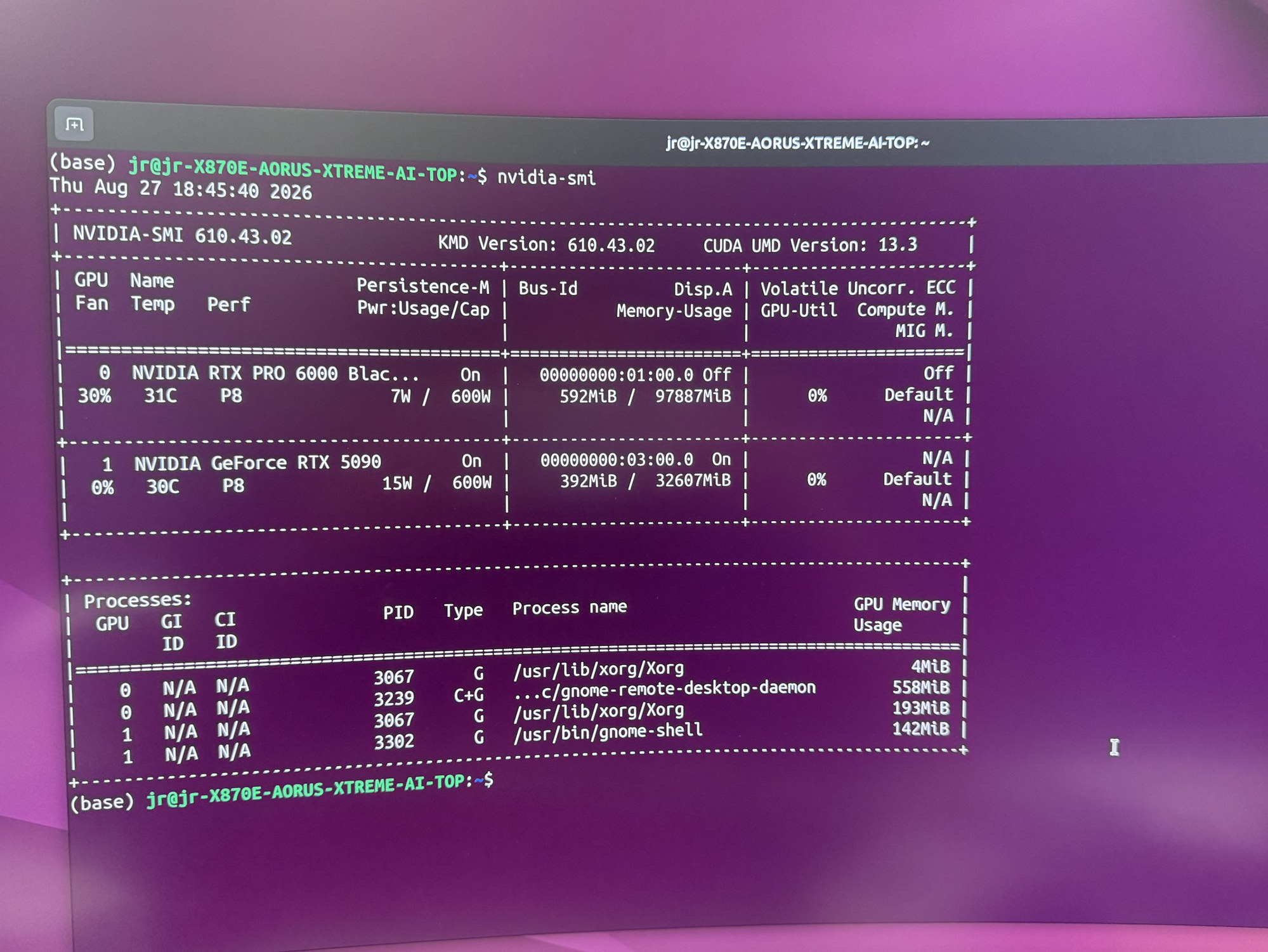 nvidia-smi에 RTX PRO 6000 Blackwell 96GB와 RTX 5090 32GB가 함께 인식된 화면