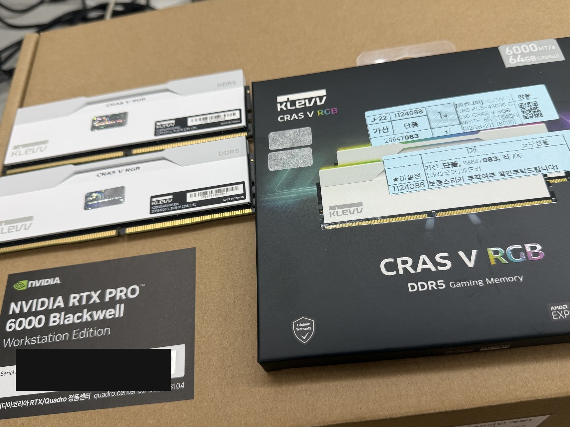 NVIDIA RTX PRO 6000 Blackwell Workstation Edition 박스와 KLEVV CRAS V RGB DDR5 6000 32GB 2개 언박싱
