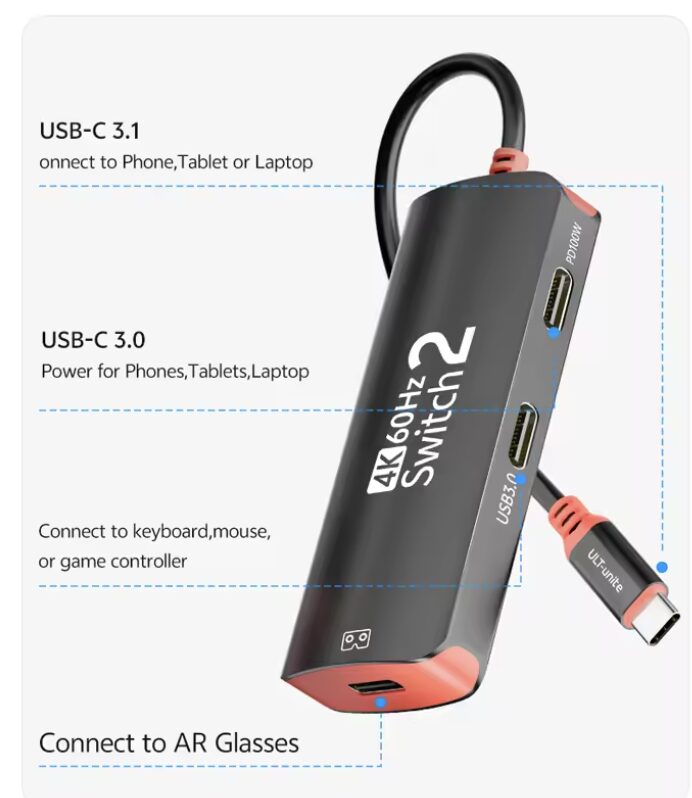 ULT-unite 스위치2 대응 USB-C 어댑터 — AR글래스 연결 포트, 4K 60Hz, PD 100W
